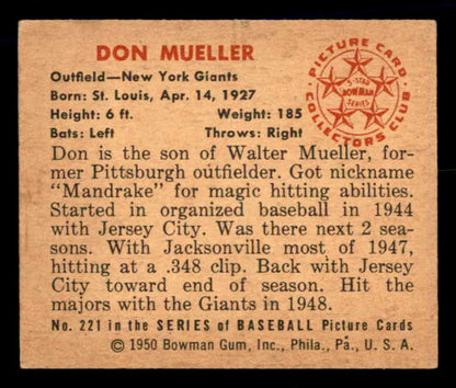 1950 Bowman Baseball #221 Don Mueller Giants EX-MT 557364