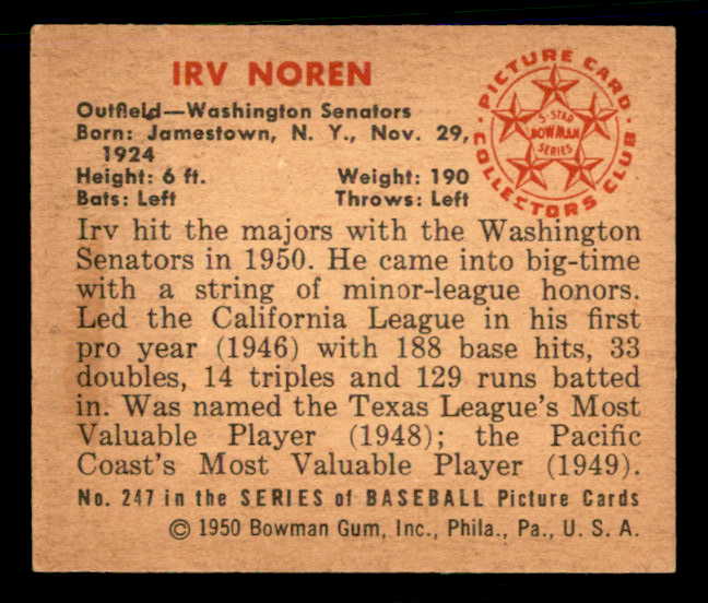 1950 Bowman Baseball #247 Irv Noren Senators EX-MT 557377