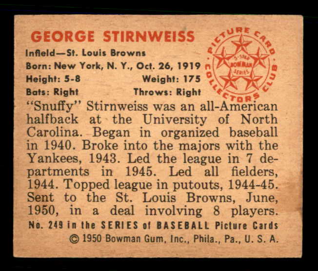 1950 Bowman Baseball #249 Snuffy Stirnweiss Browns EX-MT 557379