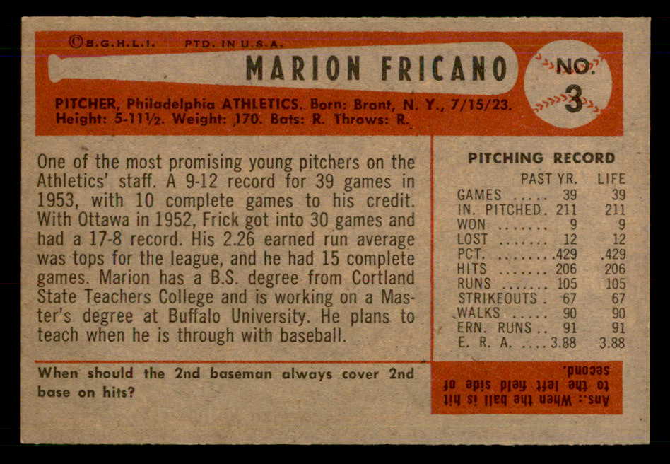 1954 Bowman Baseball #003 Marion Fricano A's EX-MT 557382