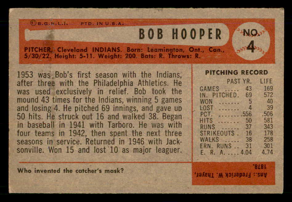 1954 Bowman Baseball #004 Bob Hooper Indians EX-MT 557383