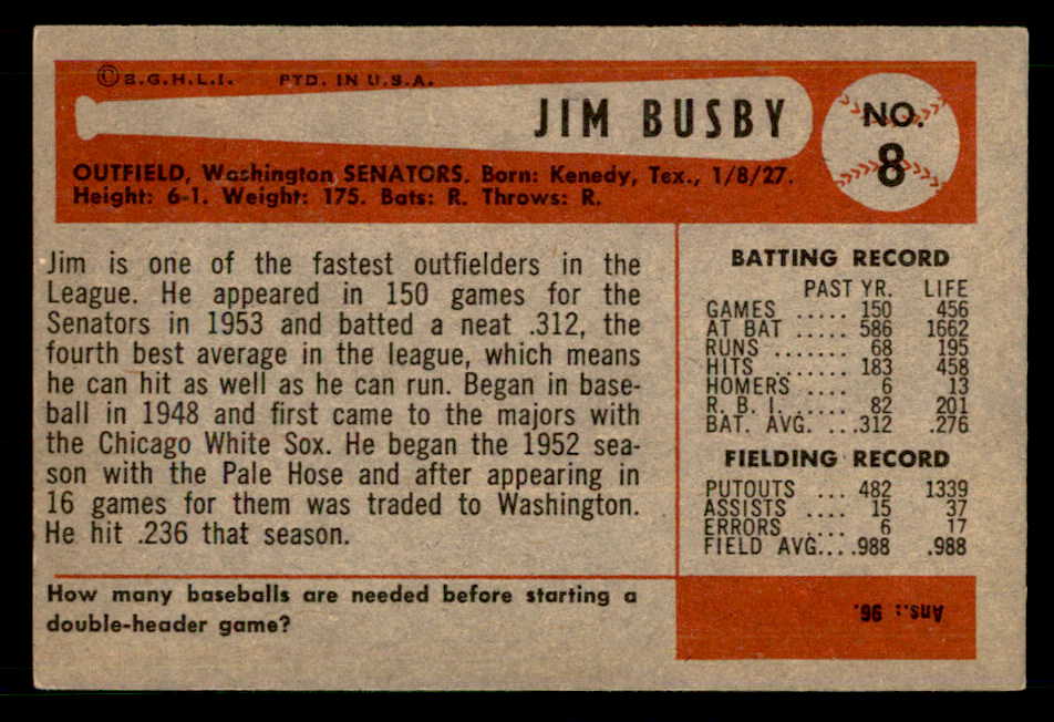 1954 Bowman Baseball #008 Jim Busby Senators EX-MT 557386