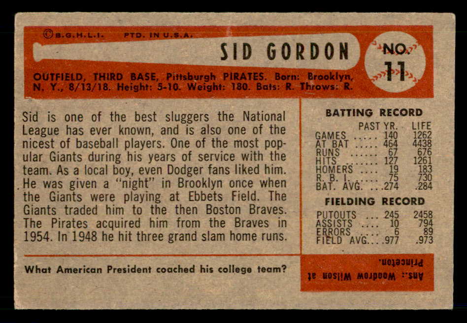 1954 Bowman Baseball #011 Sid Gordon Pirates EX-MT 557388