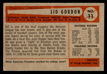1954 Bowman Baseball #011 Sid Gordon Pirates EX-MT 557388