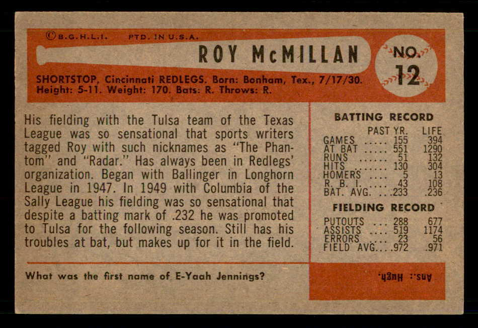 1954 Bowman Baseball #012 Roy McMillan Reds EX-MT 557389