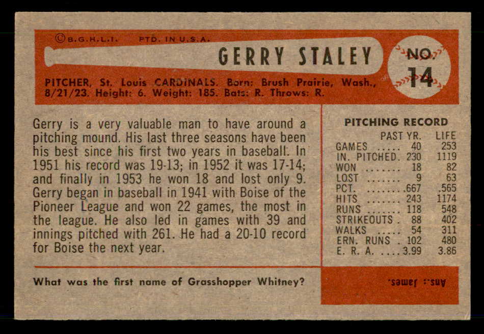1954 Bowman Baseball #014 Gerald Staley Cardinals EX-MT 557391
