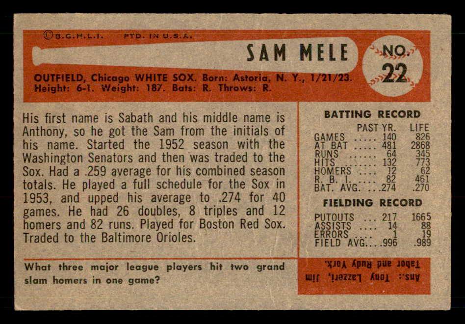 1954 Bowman Baseball #022 Sam Mele White Sox EX-MT 557398