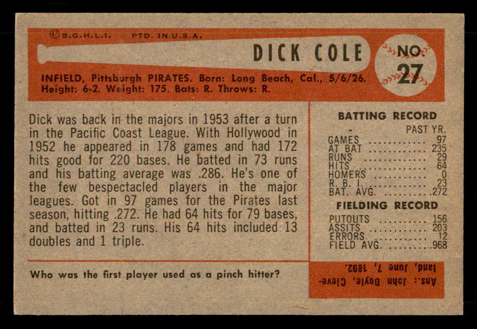 1954 Bowman Baseball #027 Dick Cole Pirates EX-MT 557400