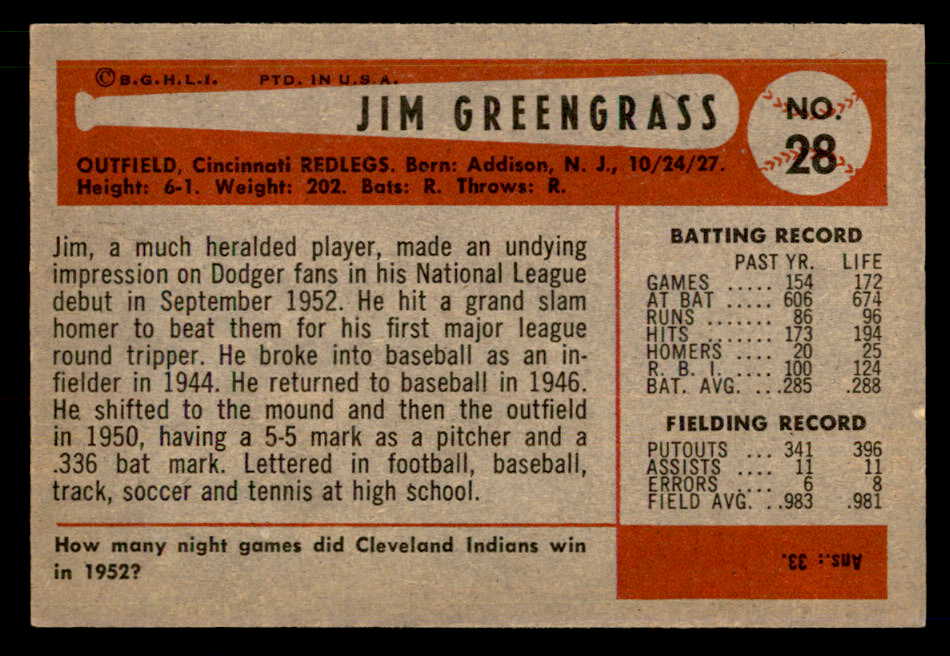 1954 Bowman Baseball #028 Jim Greengrass Reds EX-MT 557401
