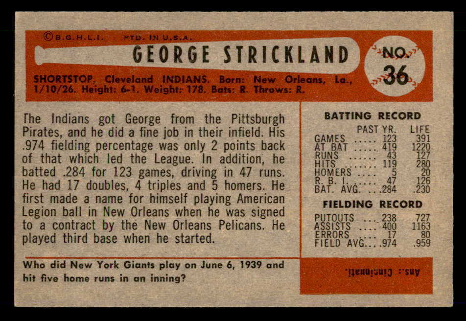 1954 Bowman Baseball #036 George Strickland Indians EX-MT 557406