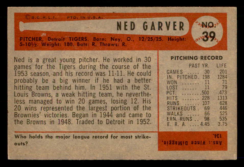 1954 Bowman Baseball #039 Ned Garver Tigers EX-MT 557408