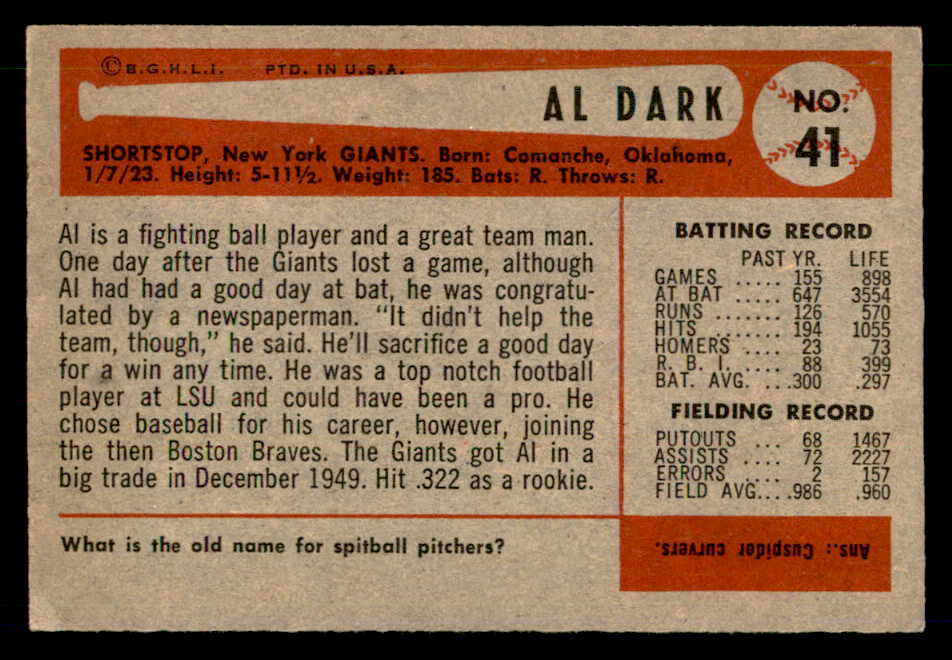 1954 Bowman Baseball #041 Alvin Dark Giants EX-MT 557410