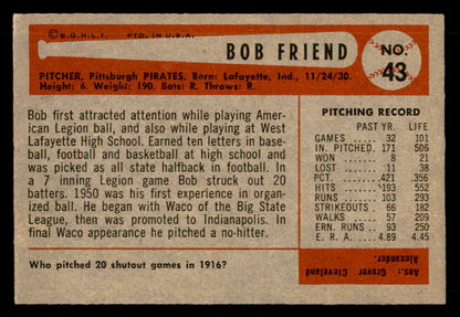 1954 Bowman Baseball #043 Bob Friend Pirates EX-MT 557412