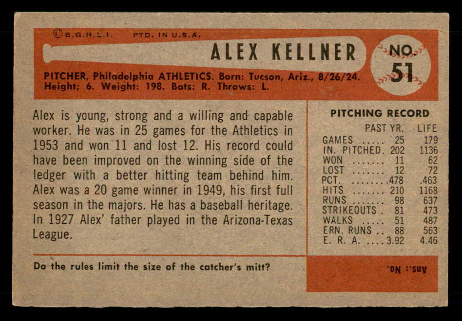 1954 Bowman Baseball #051 Alex Kellner A's EX-MT 557416