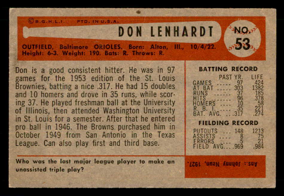 1954 Bowman Baseball #053 Don Lenhardt Orioles EX-MT 557418
