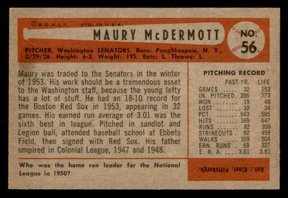 1954 Bowman Baseball #056 Maury McDermott Senators EX-MT 557420