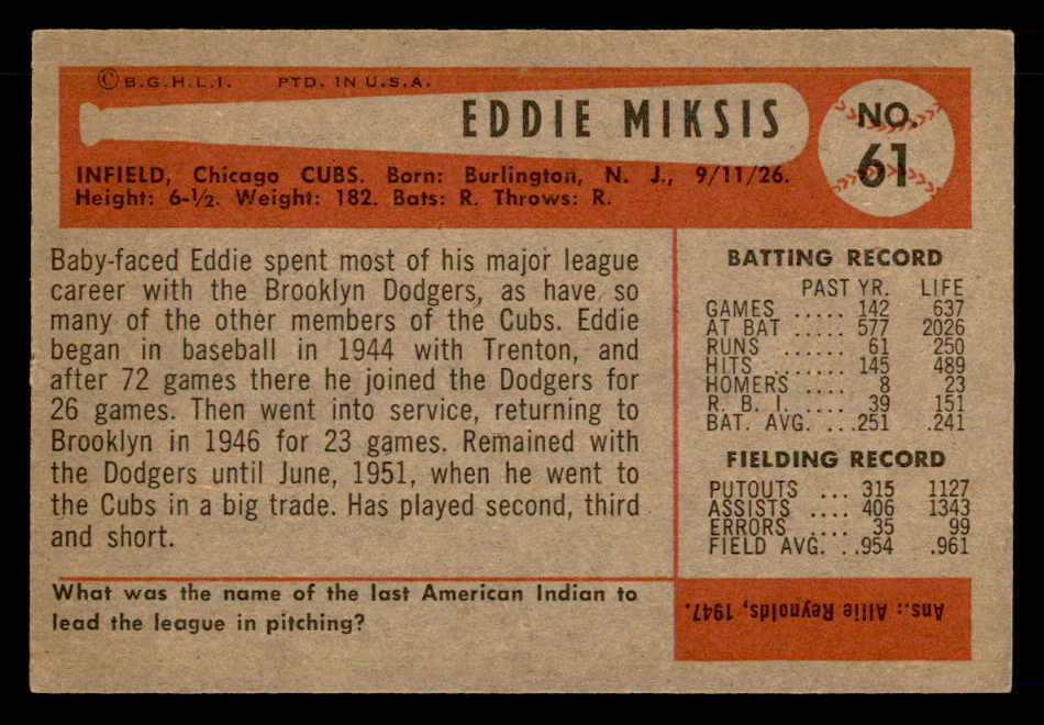 1954 Bowman Baseball #061 Eddie Miksis Cubs EX 557423