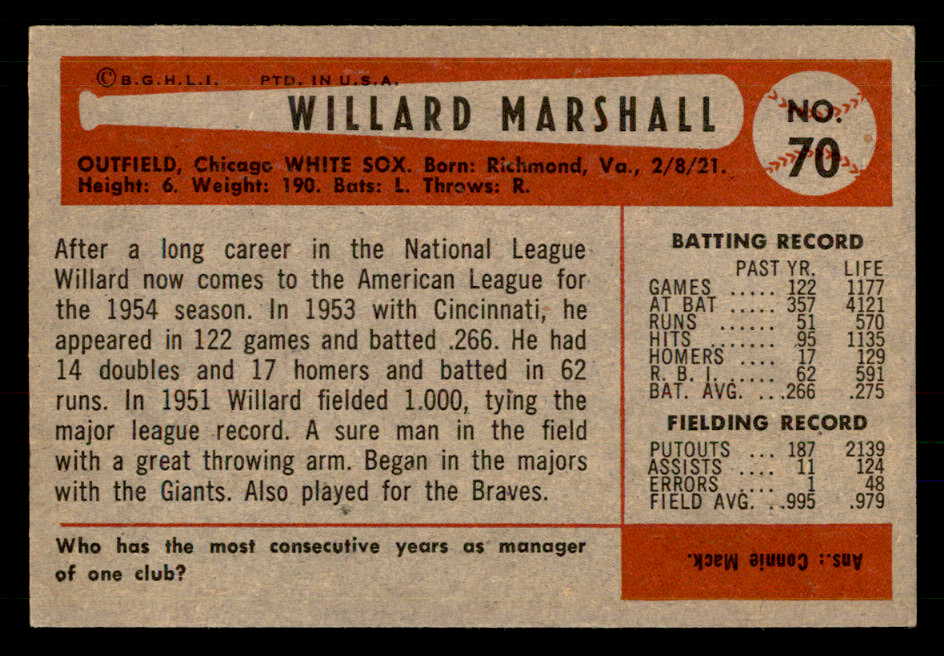 1954 Bowman Baseball #070 Willard Marshall Reds EX-MT 557427