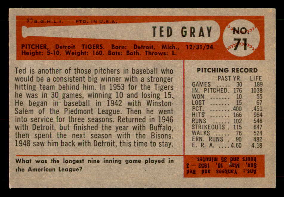 1954 Bowman Baseball #071 Ted Gray Tigers EX-MT 557428