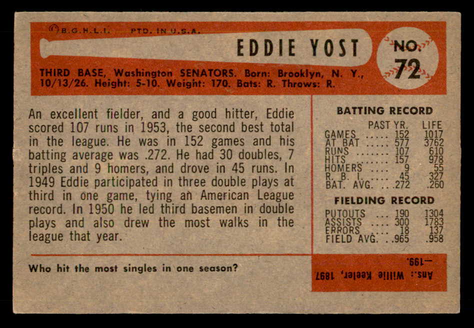 1954 Bowman Baseball #072 Eddie Yost Senators EX-MT 557429