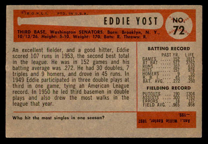 1954 Bowman Baseball #072 Eddie Yost Senators EX-MT 557429