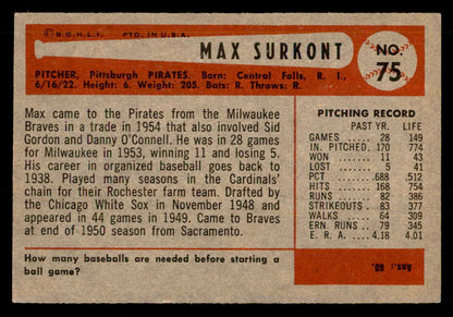 1954 Bowman Baseball #075 Max Surkont Pirates EX 557431