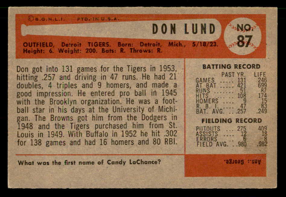 1954 Bowman Baseball #087 Don Lund Tigers EX-MT 557439