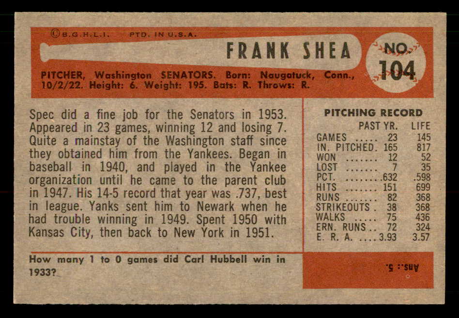 1954 Bowman Baseball #104 Frank Shea Senators EX-MT 557448