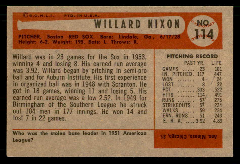 1954 Bowman Baseball #114 Willard Nixon Red Sox EX-MT 557455