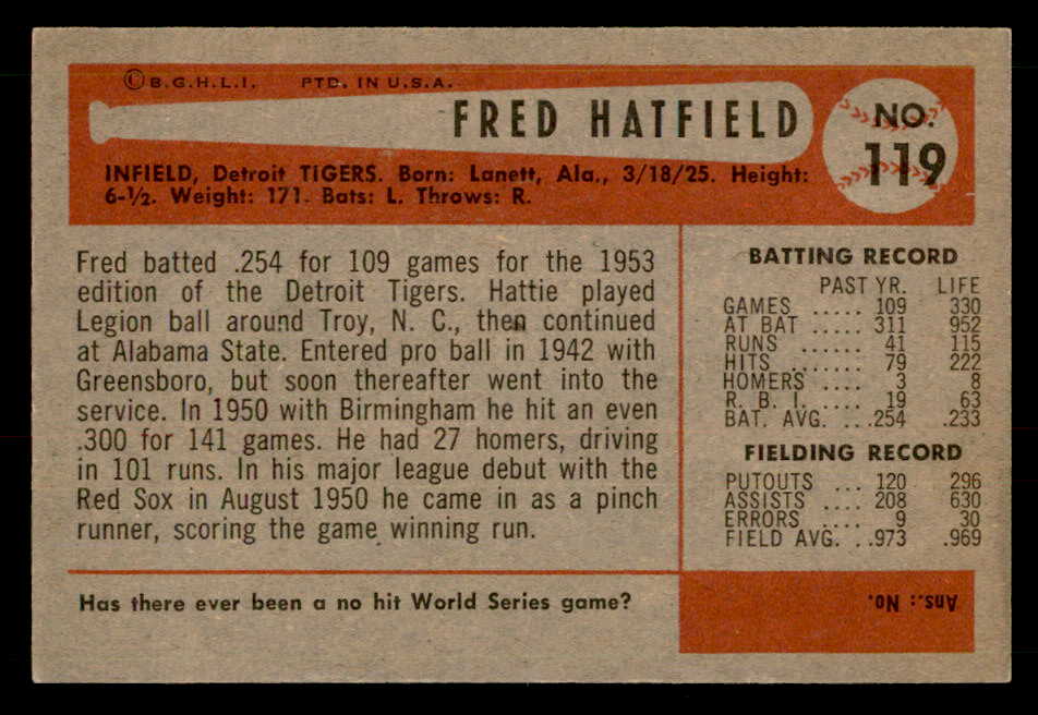 1954 Bowman Baseball #119 Fred Hatfield Tigers EX-MT 557460