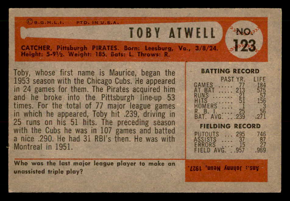1954 Bowman Baseball #123 Toby Atwell Pirates EX-MT 557463