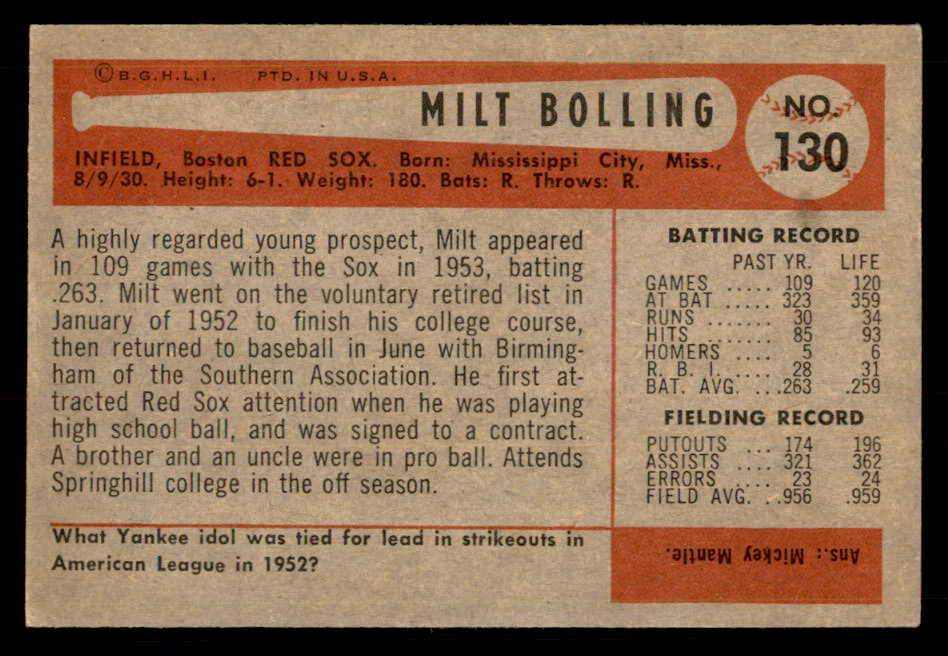 1954 Bowman Baseball #130 Milt Bolling Red Sox EX-MT 557466