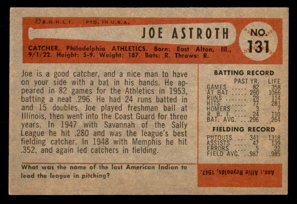 1954 Bowman Baseball #131 Joe Astroth A's EX-MT 557467