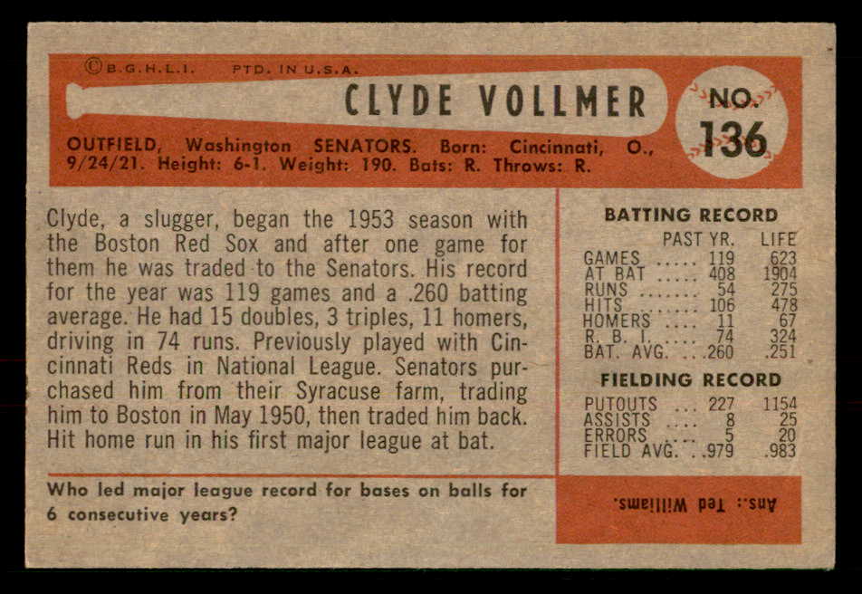 1954 Bowman Baseball #136 Clyde Vollmer Senators EX-MT 557471