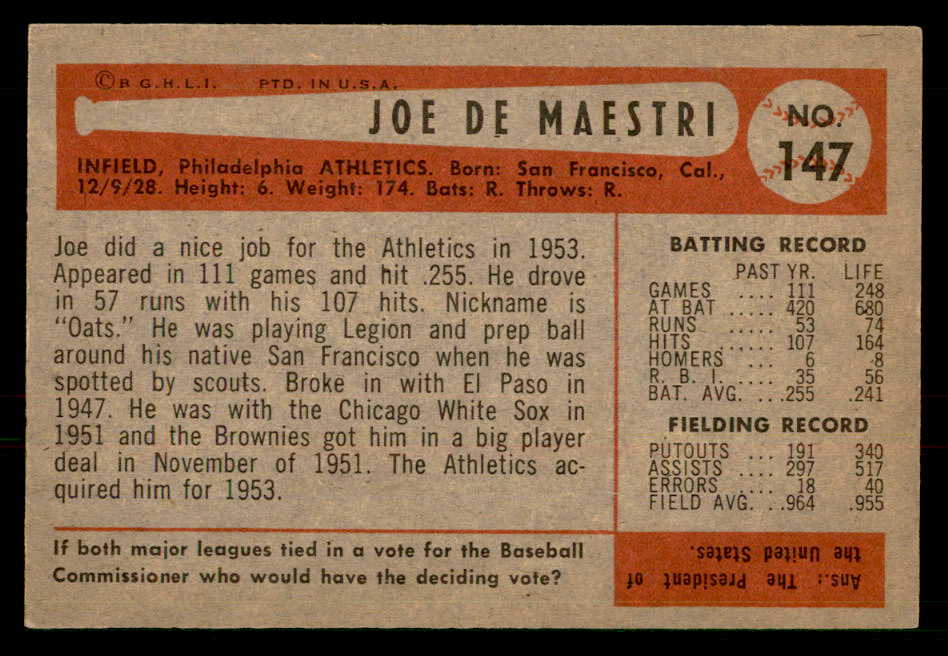 1954 Bowman Baseball #147 Joe Demaestri A's EX-MT 557478