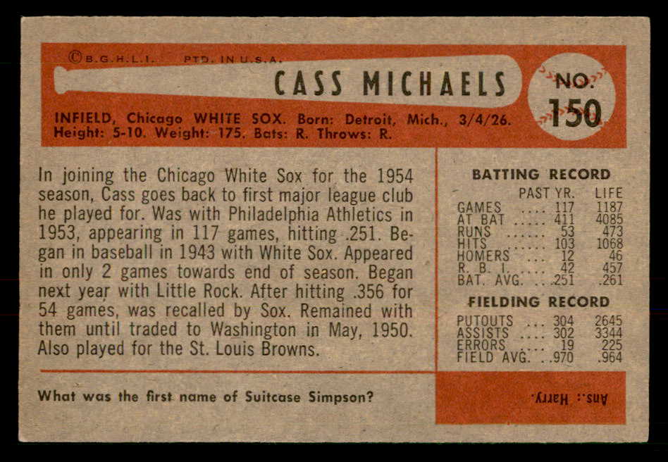 1954 Bowman Baseball #150 Cass Michaels White Sox EX-MT 557481