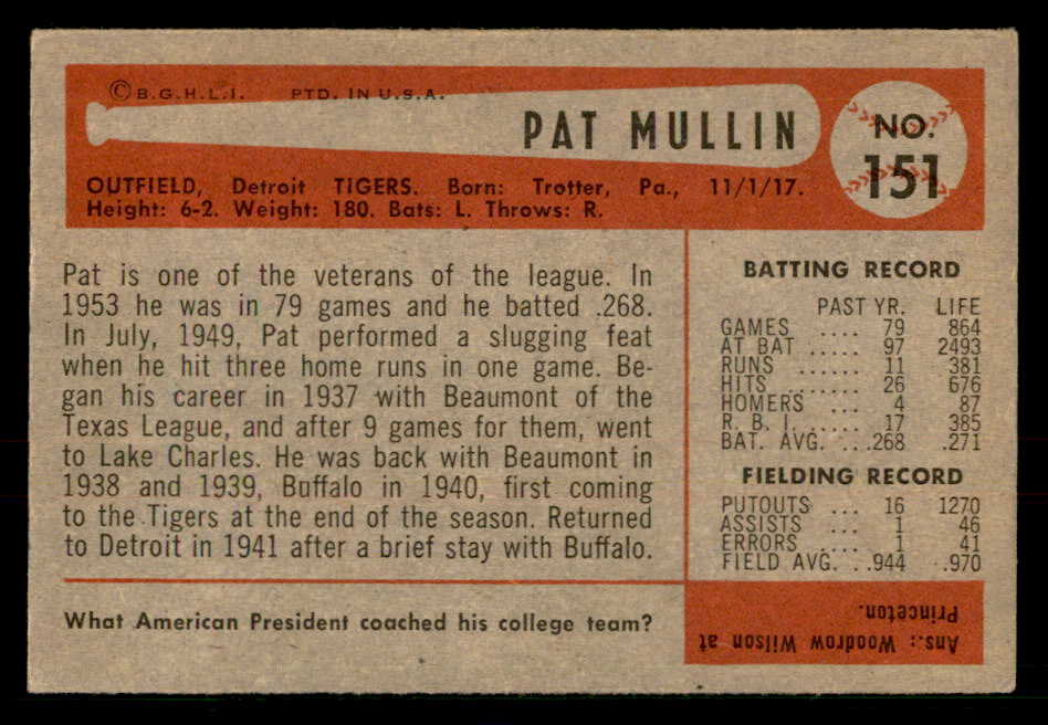 1954 Bowman Baseball #151 Pat Mullin Tigers EX 557482