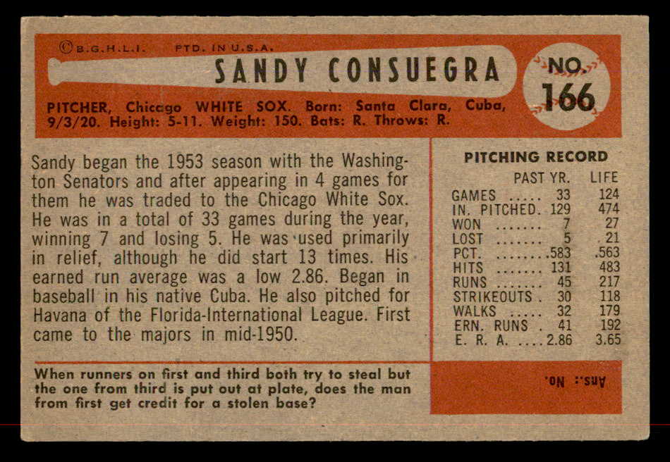 1954 Bowman Baseball #166 Sandy Consuegra White Sox EX-MT 557492