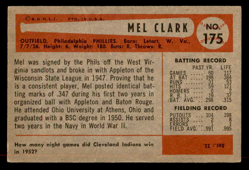 1954 Bowman Baseball #175 Mel Clark Phillies EX-MT 557499