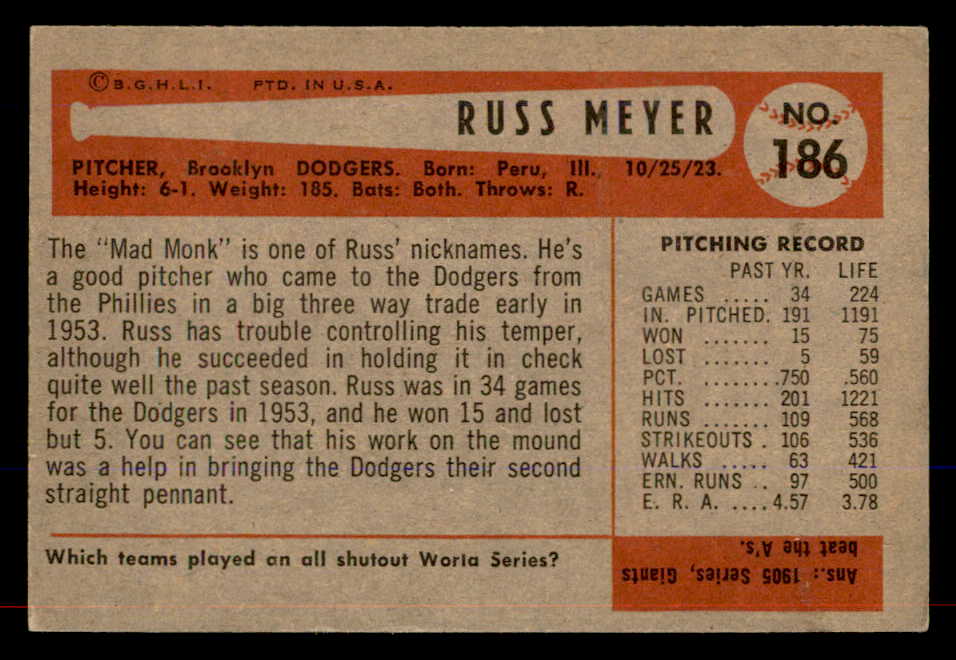 1954 Bowman Baseball #186 Russ Meyer Dodgers EX-MT 557508