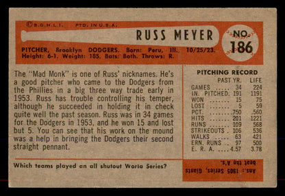 1954 Bowman Baseball #186 Russ Meyer Dodgers EX-MT 557508