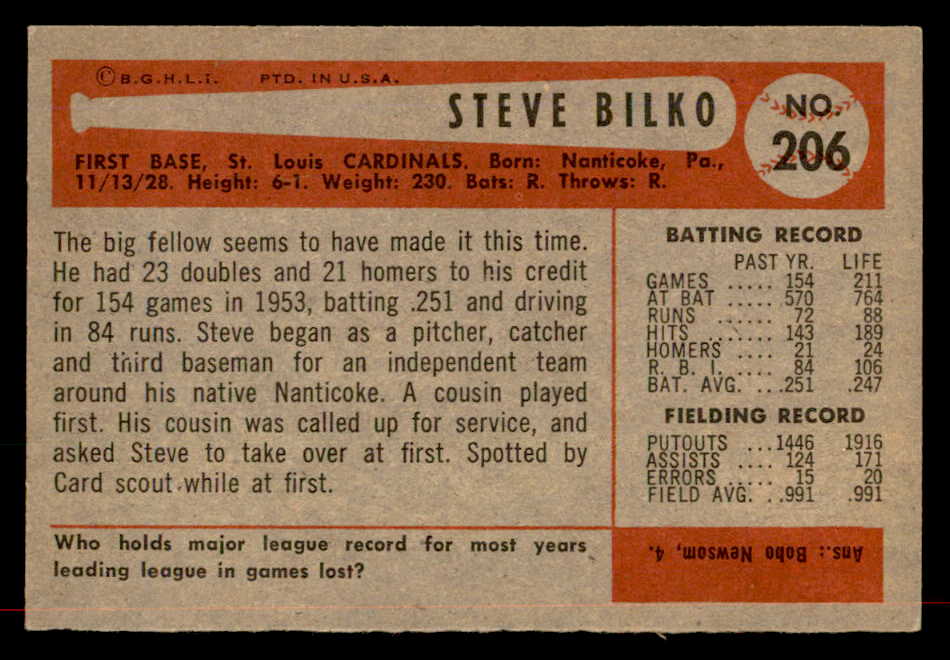1954 Bowman Baseball #206 Steve Bilko Cardinals EX-MT 557523