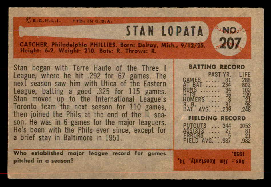 1954 Bowman Baseball #207 Stan Lopata Phillies EX-MT 557524