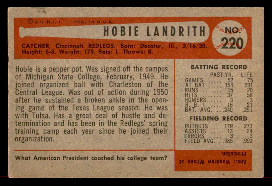 1954 Bowman Baseball #220 Hobie Landrith Reds EX-MT 557535