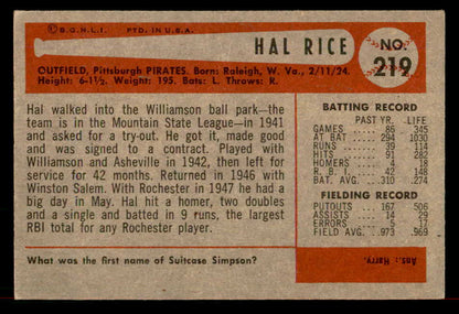 1954 Bowman Baseball #219 Hal Rice Pirates EX 557536