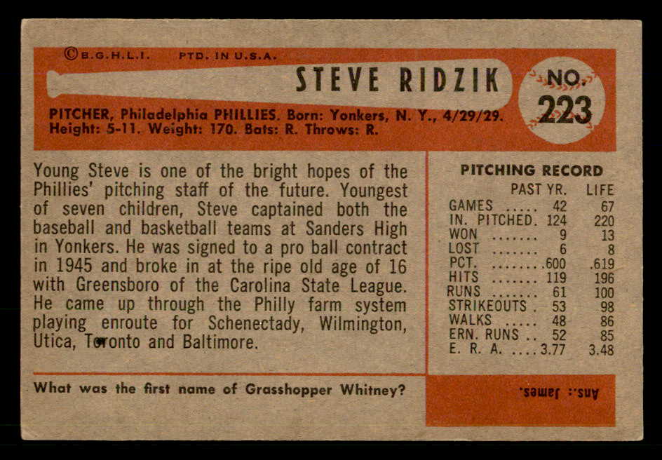 1954 Bowman Baseball #223 Steve Ridzik Phillies EX-MT 557538