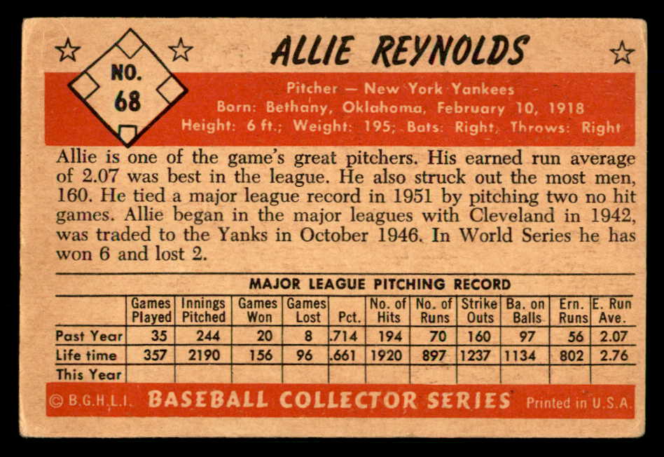 1953 Bowman Color Baseball #068 Allie Reynolds Yankees GD-VG 557539