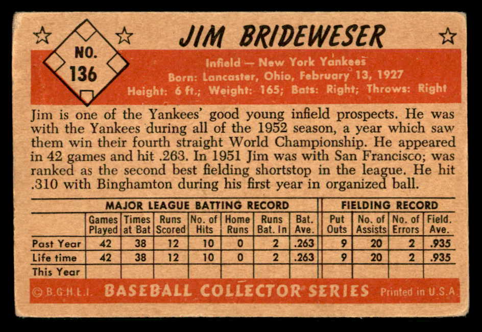 1953 Bowman Color Baseball #136 Jim Brideweser Yankees GD-VG 557540