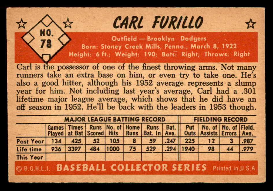 1953 Bowman Color Baseball #078 Carl Furillo Dodgers EX 557542
