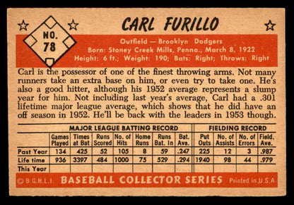 1953 Bowman Color Baseball #078 Carl Furillo Dodgers EX 557542